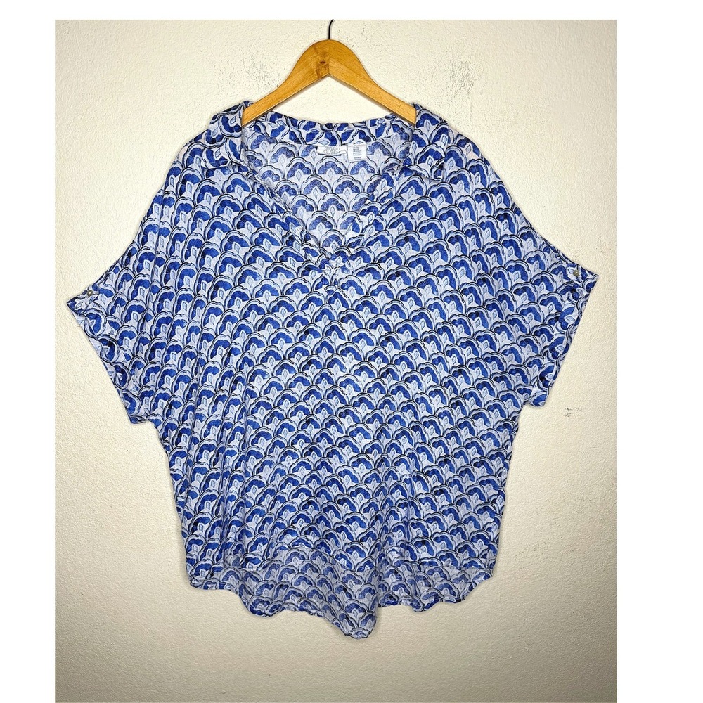 Sigrid Olsen Linen Tunic 2X  Blue Scalloped Resort Beach Popover Shirt Blouse
